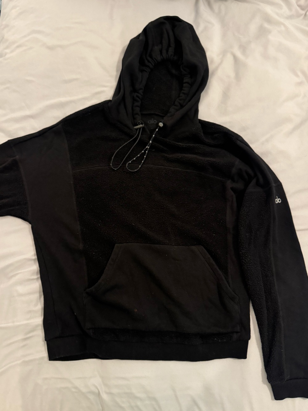 ALO Yoga Black Sherpa-Lined Hoodie with Branded Drawcords